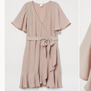 H&M Powder Pink Wrap Dress Tie Waist Butterfly Sleeves Flounce Detail